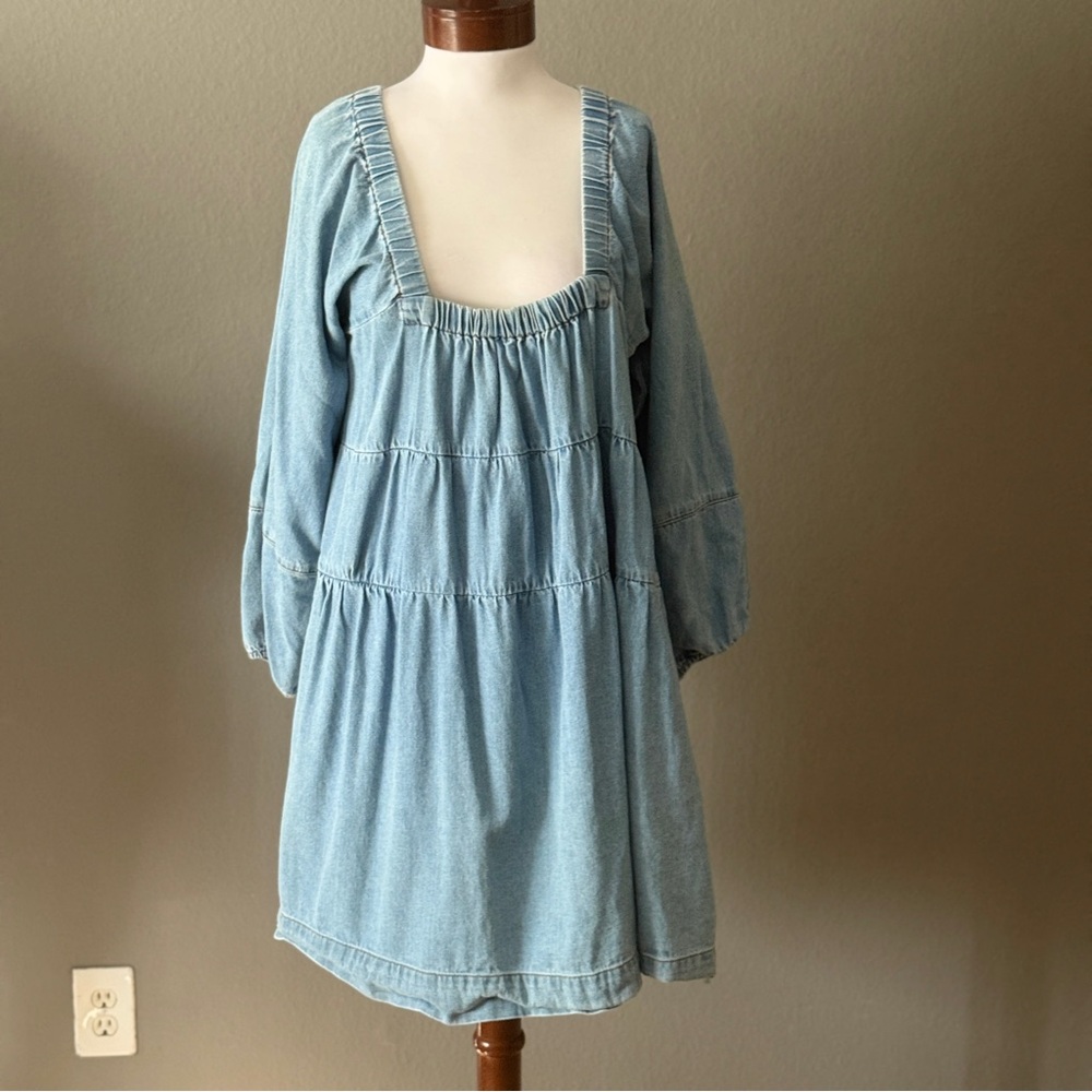 Free People Blue Jean Babydoll denim mini dress Sz XL Fall western boho chic - Picture 5 of 11